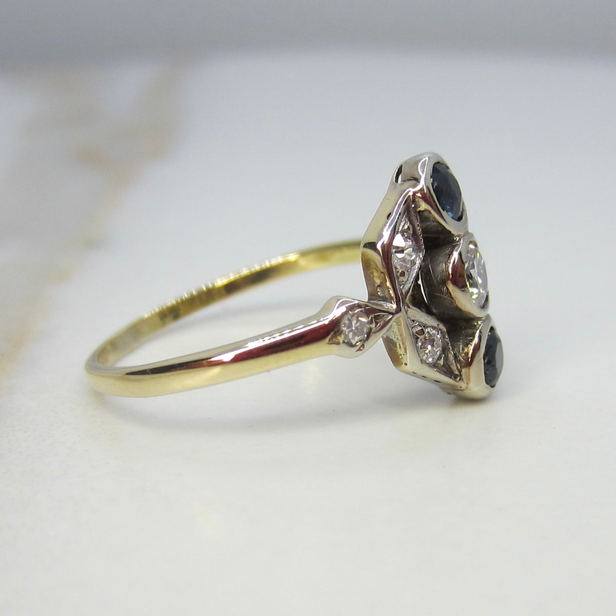 Art Deco 14k Gold Ring with Natural Sapphires and Diamonds c.1920s