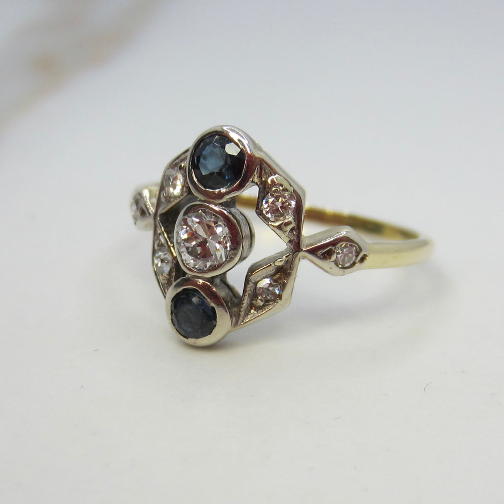 Art Deco 14k Gold Ring with Natural Sapphires and Diamonds c.1920s