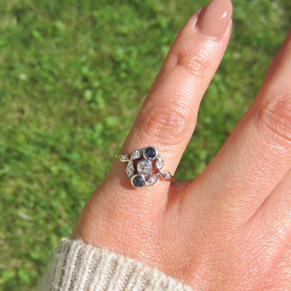 Art Deco 14k Gold Ring with Natural Sapphires and Diamonds c.1920s