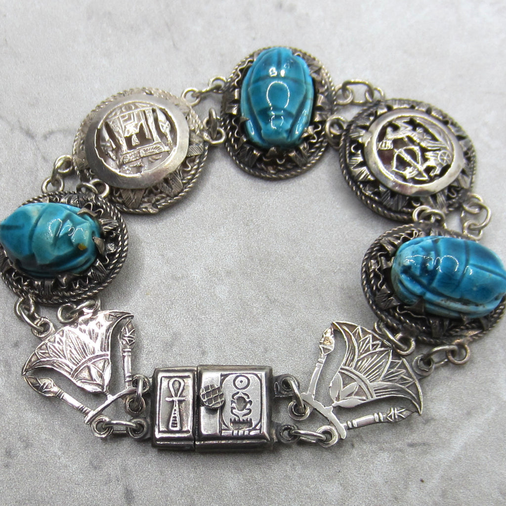 Vintage 800 Silver Egyptian Scarab Pharaonic Bracelet c.1970s