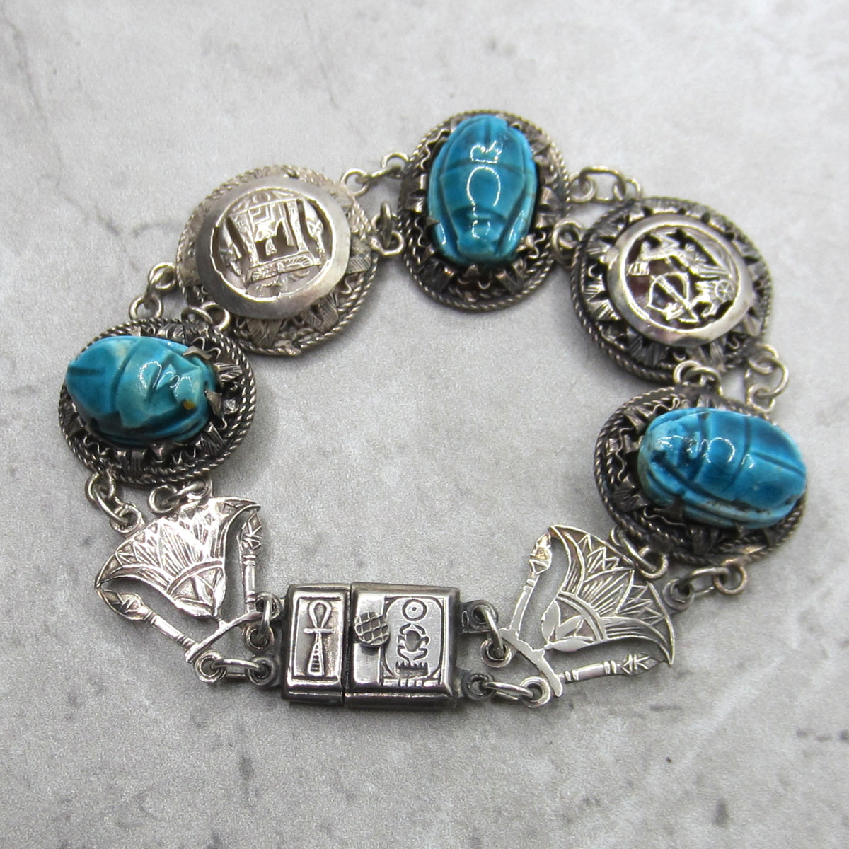 Vintage 800 Silver Egyptian Scarab Pharaonic Bracelet c.1970s