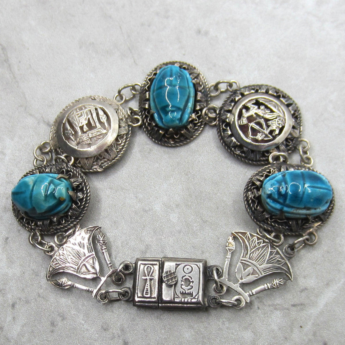 Vintage 800 Silver Egyptian Scarab Pharaonic Bracelet c.1970s