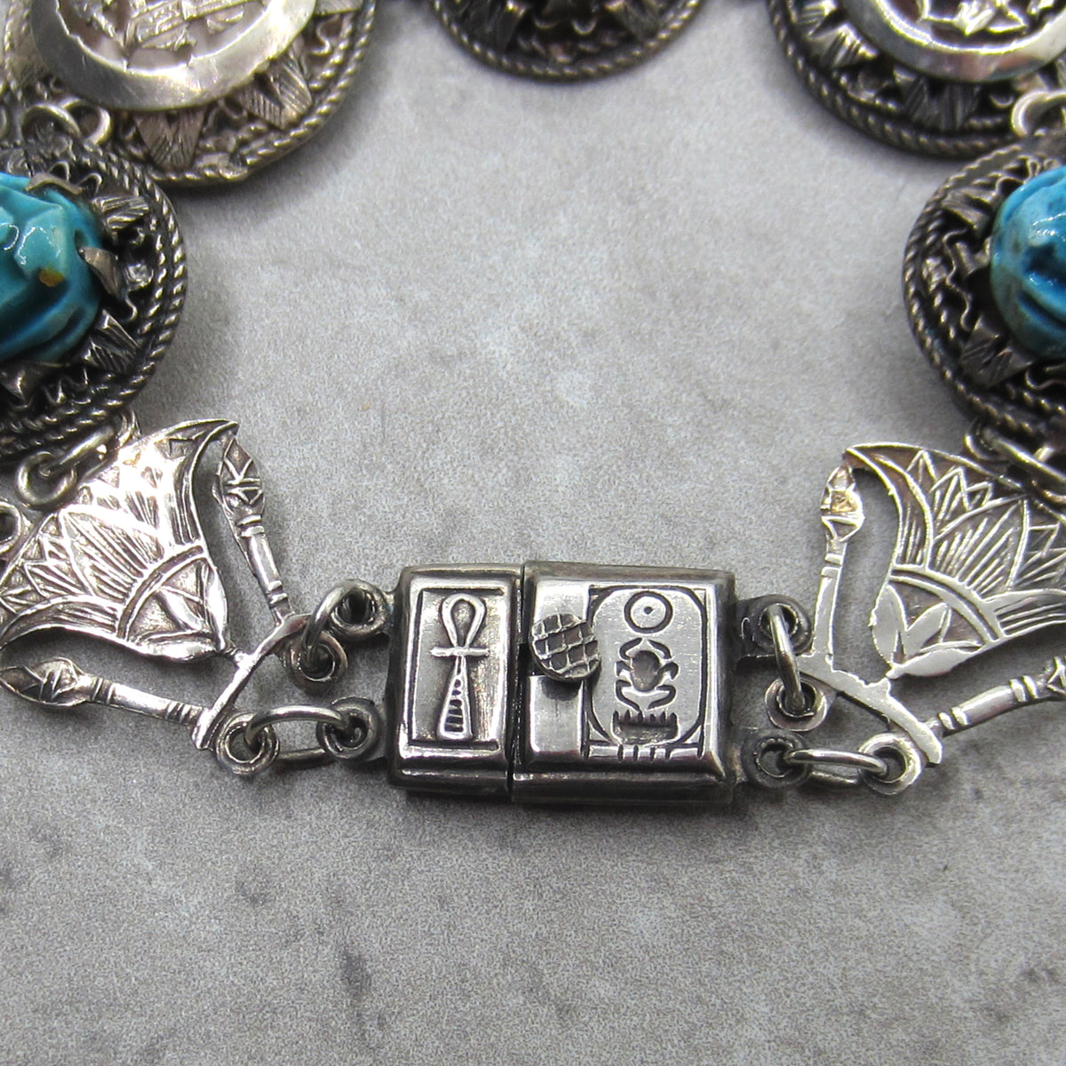 Vintage 800 Silver Egyptian Scarab Pharaonic Bracelet c.1970s
