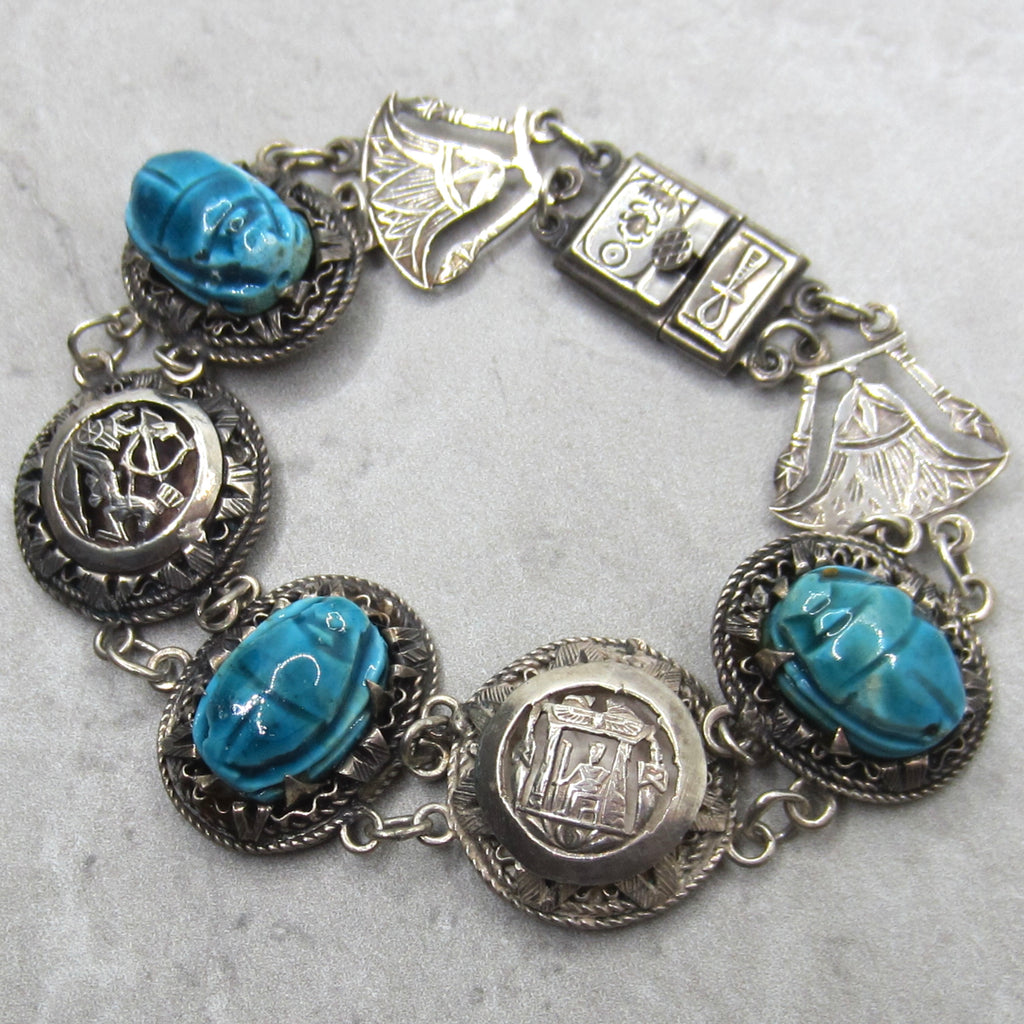 Vintage 800 Silver Egyptian Scarab Pharaonic Bracelet c.1970s