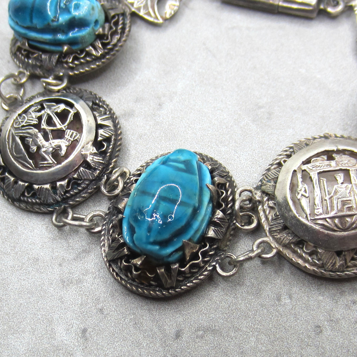 Vintage 800 Silver Egyptian Scarab Pharaonic Bracelet c.1970s