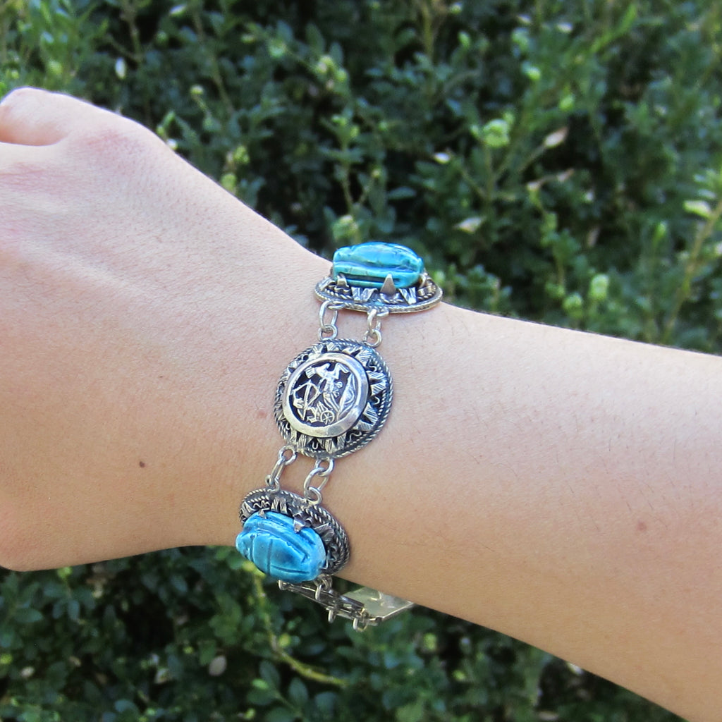 Vintage 800 Silver Egyptian Scarab Pharaonic Bracelet c.1970s