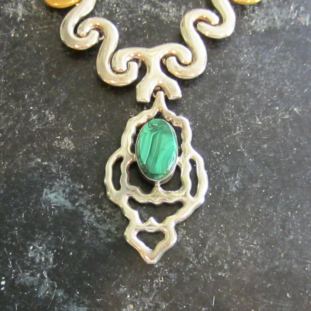 Vintage Modernist Mexican .950 Silver with Brass-Tone Links, Malachite Cabochon Pendant Necklace