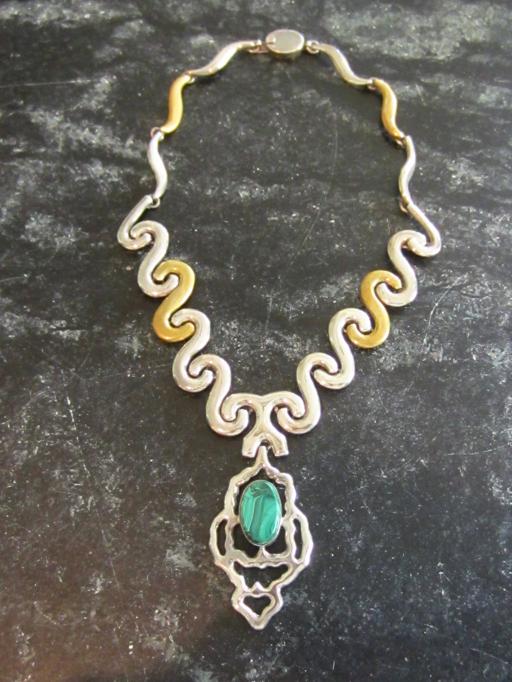 Vintage Modernist Mexican .950 Silver with Brass-Tone Links, Malachite Cabochon Pendant Necklace