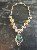 Vintage Modernist Mexican .950 Silver with Brass-Tone Links, Malachite Cabochon Pendant Necklace