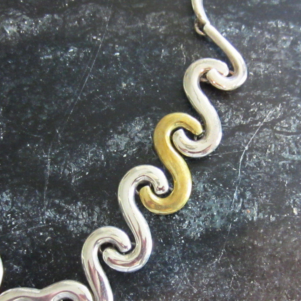 Vintage Modernist Mexican .950 Silver with Brass-Tone Links, Malachite Cabochon Pendant Necklace