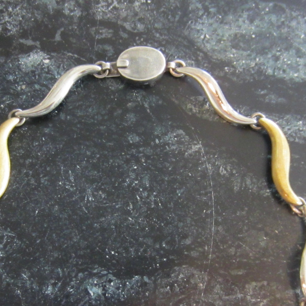 Vintage Modernist Mexican .950 Silver with Brass-Tone Links, Malachite Cabochon Pendant Necklace