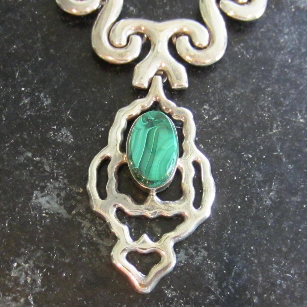 Vintage Modernist Mexican .950 Silver with Brass-Tone Links, Malachite Cabochon Pendant Necklace