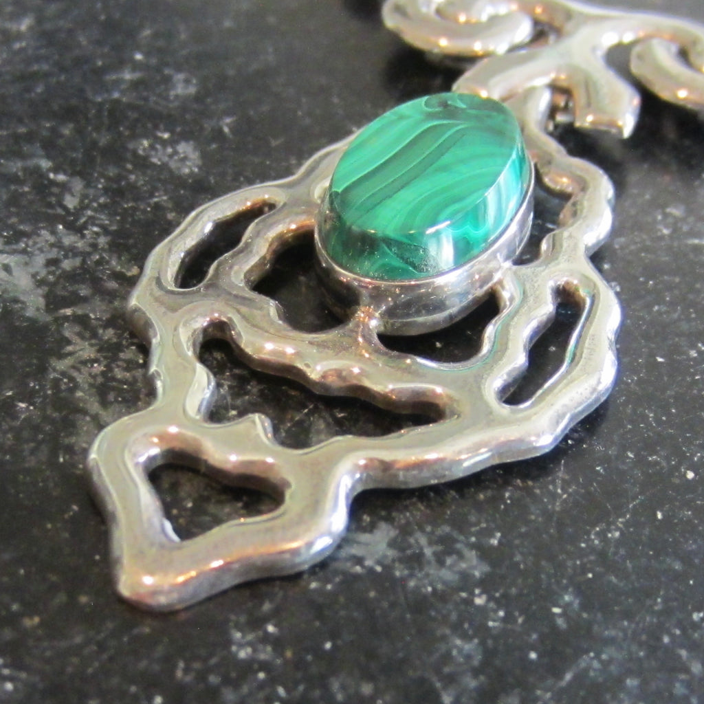 Vintage Modernist Mexican .950 Silver with Brass-Tone Links, Malachite Cabochon Pendant Necklace