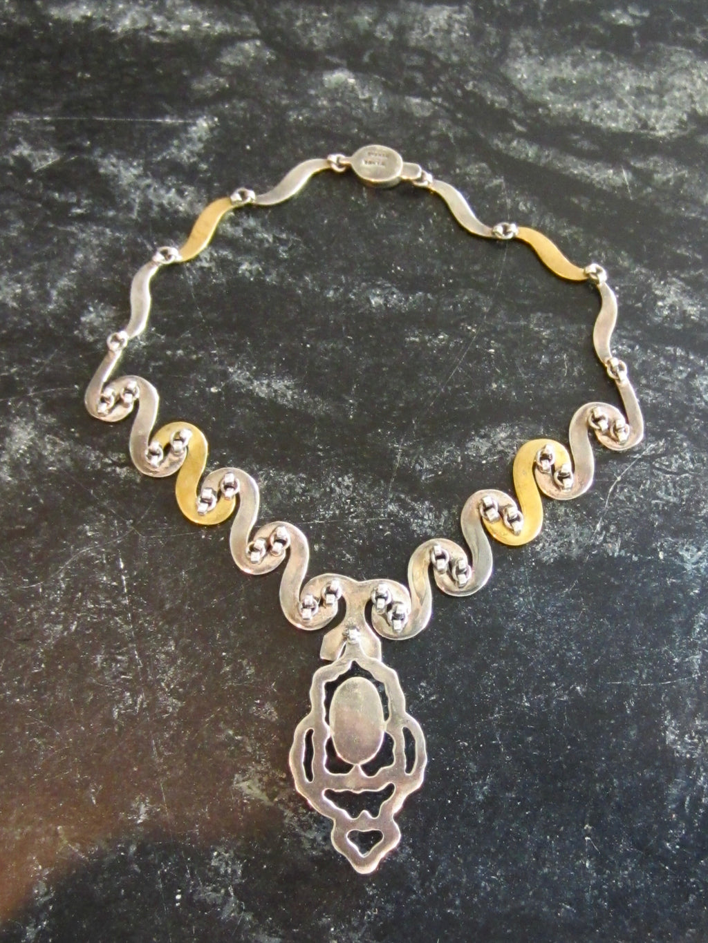 Vintage Modernist Mexican .950 Silver with Brass-Tone Links, Malachite Cabochon Pendant Necklace
