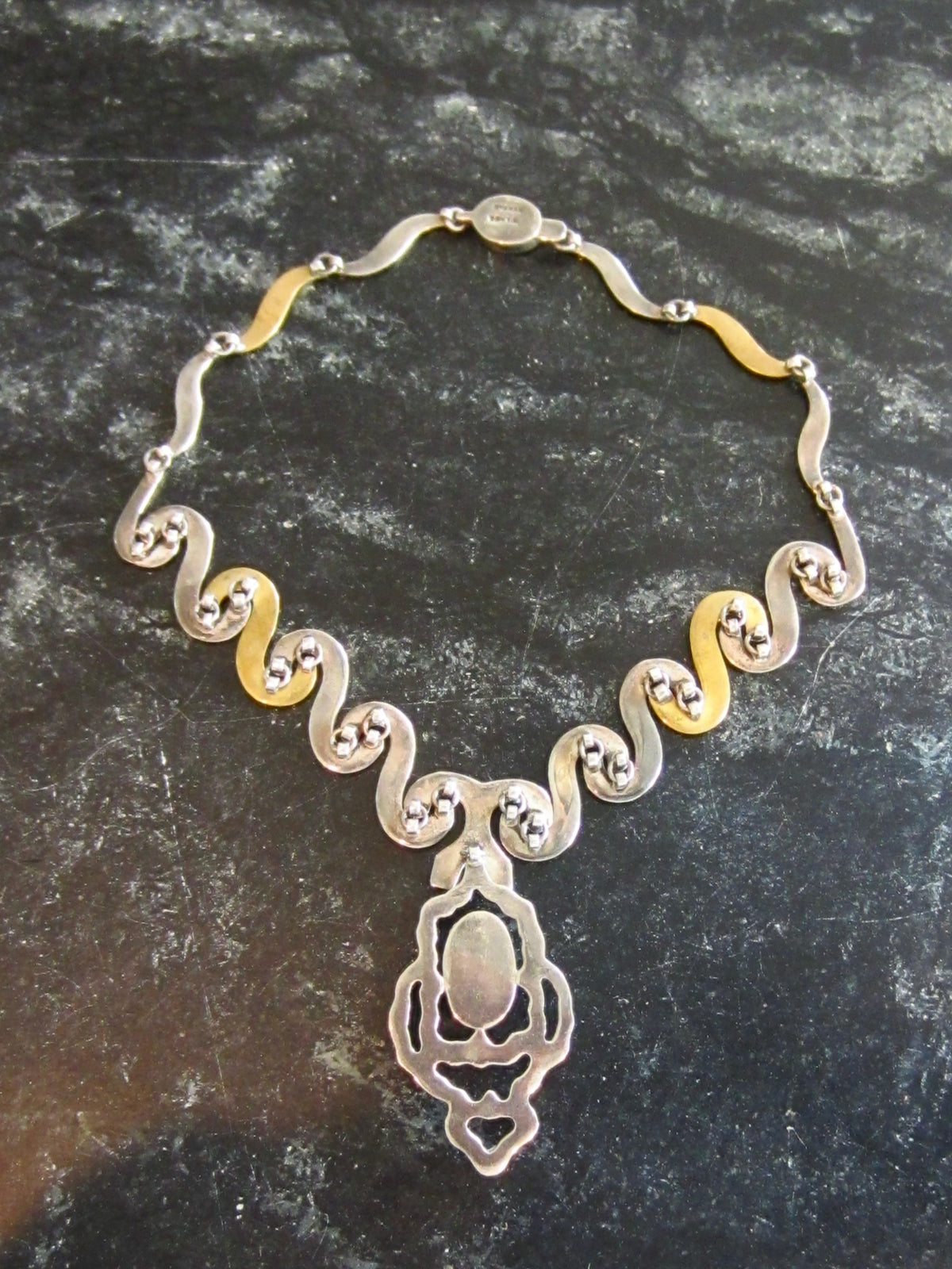 Vintage Modernist Mexican .950 Silver with Brass-Tone Links, Malachite Cabochon Pendant Necklace