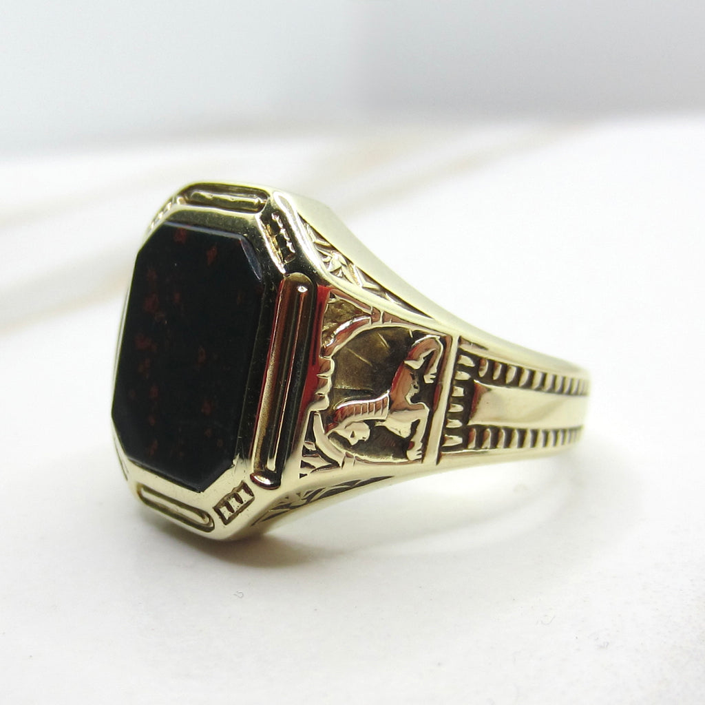 Vintage Art Deco Egyptian Revival 14k Gold Bloodstone Signet Ring