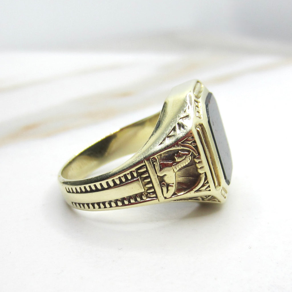 Vintage Art Deco Egyptian Revival 14k Gold Bloodstone Signet Ring