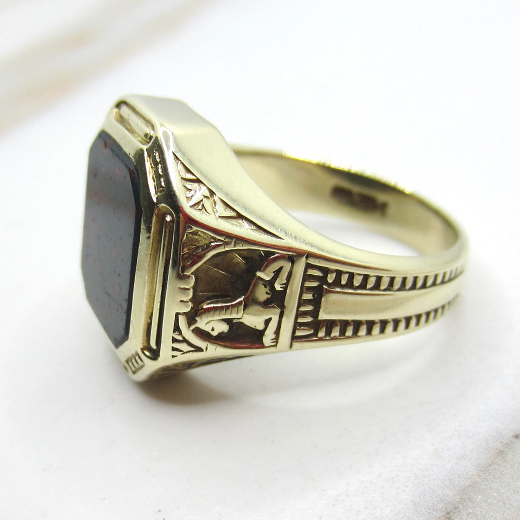 Vintage Art Deco Egyptian Revival 14k Gold Bloodstone Signet Ring