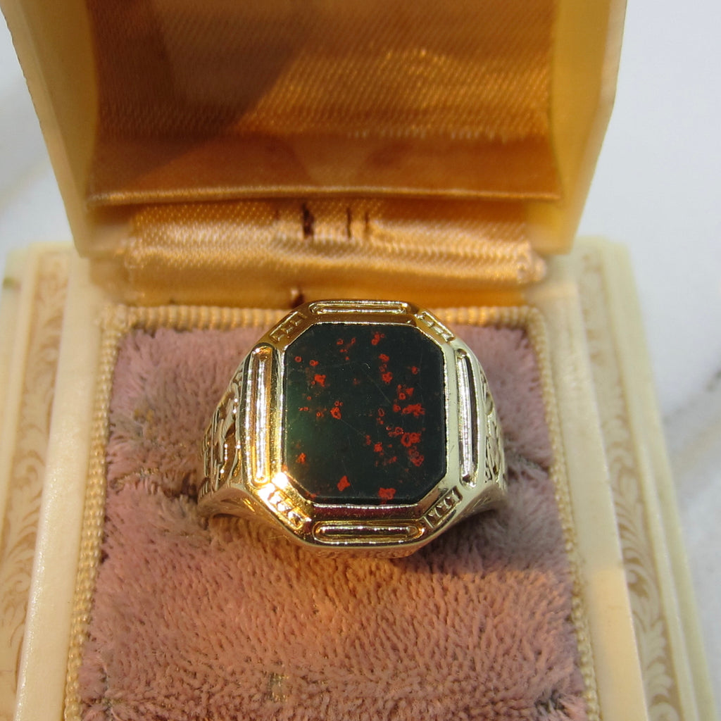 Vintage Art Deco Egyptian Revival 14k Gold Bloodstone Signet Ring