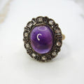 Antique Victorian Ring, 18k Gold and Silver, Amethyst Cabochon, Diamond Halo