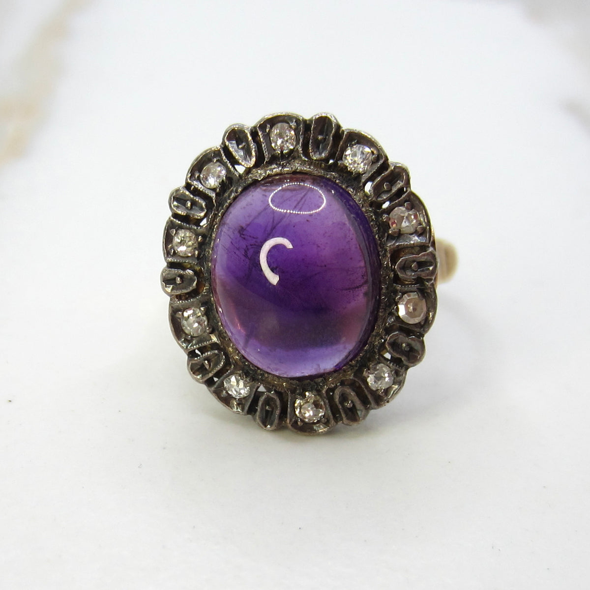 Antique Victorian Ring, 18k Gold and Silver, Amethyst Cabochon, Diamond Halo