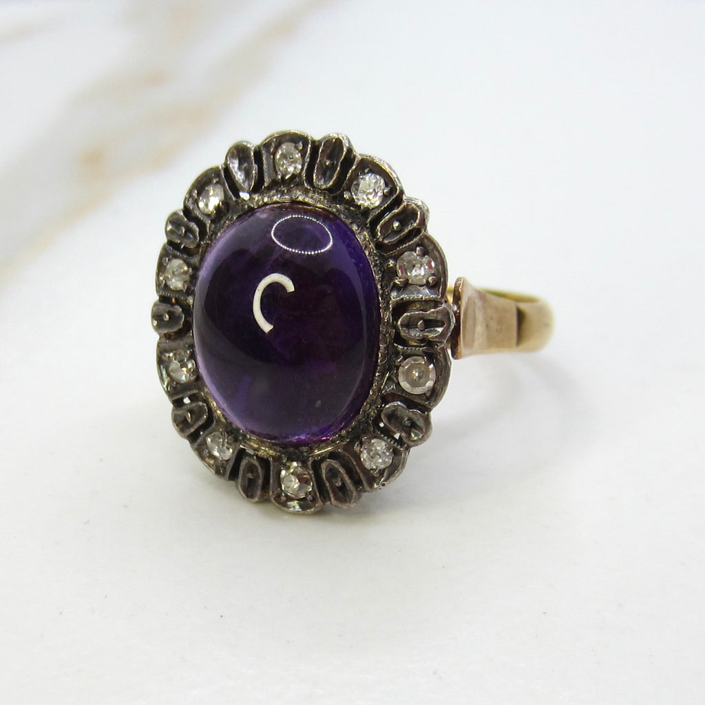 Antique Victorian Ring, 18k Gold and Silver, Amethyst Cabochon, Diamond Halo