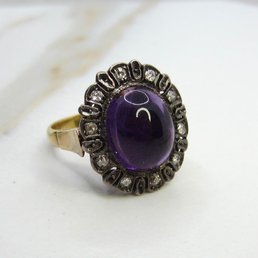 Antique Victorian Ring, 18k Gold and Silver, Amethyst Cabochon, Diamond Halo