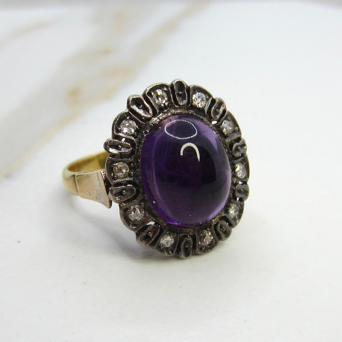 Antique Victorian Ring, 18k Gold and Silver, Amethyst Cabochon, Diamond Halo