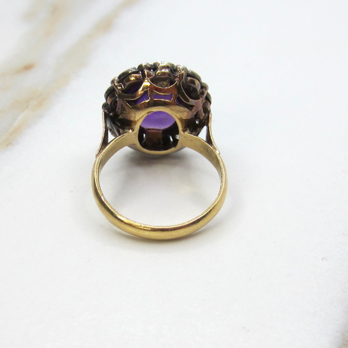 Antique Victorian Ring, 18k Gold and Silver, Amethyst Cabochon, Diamond Halo