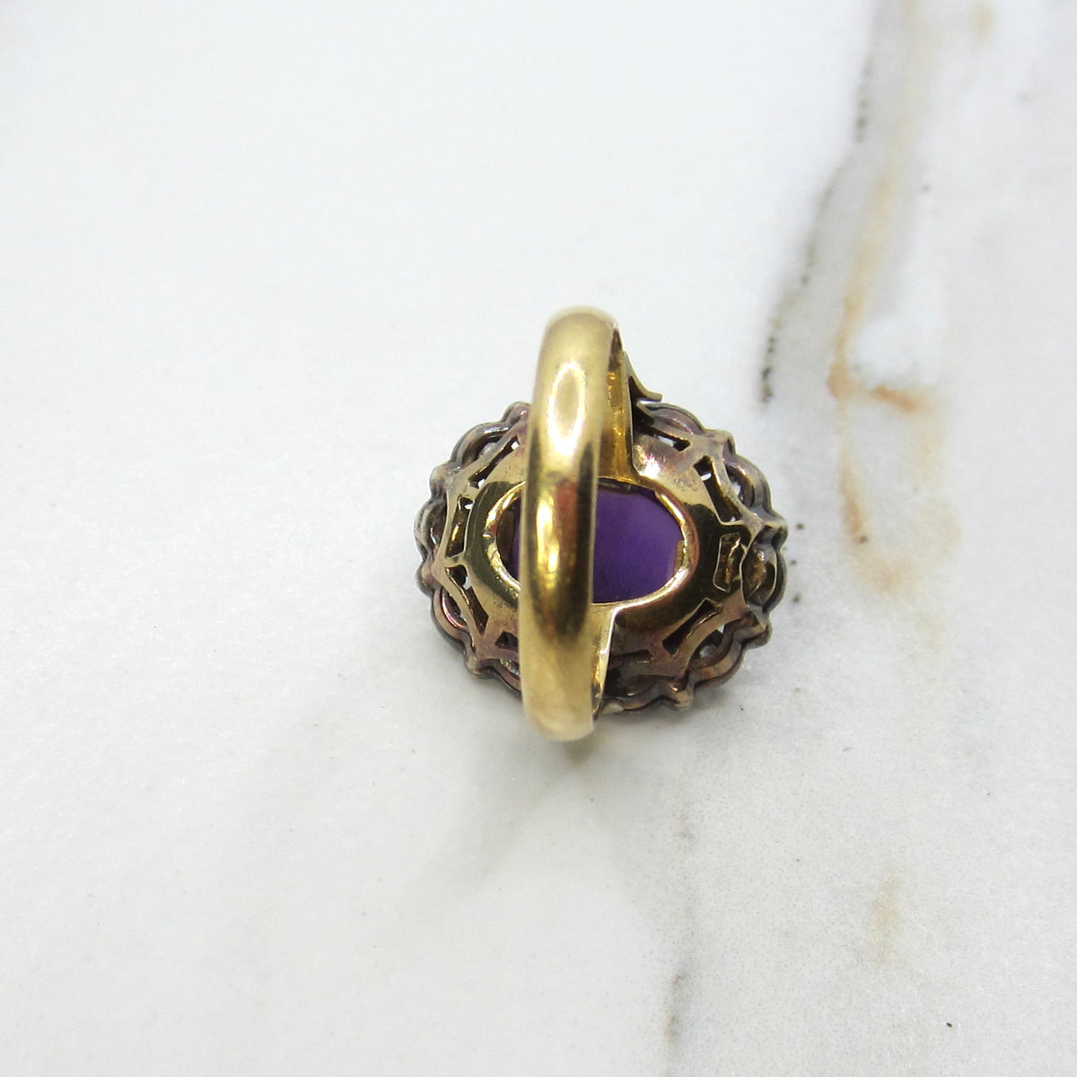 Antique Victorian Ring, 18k Gold and Silver, Amethyst Cabochon, Diamond Halo