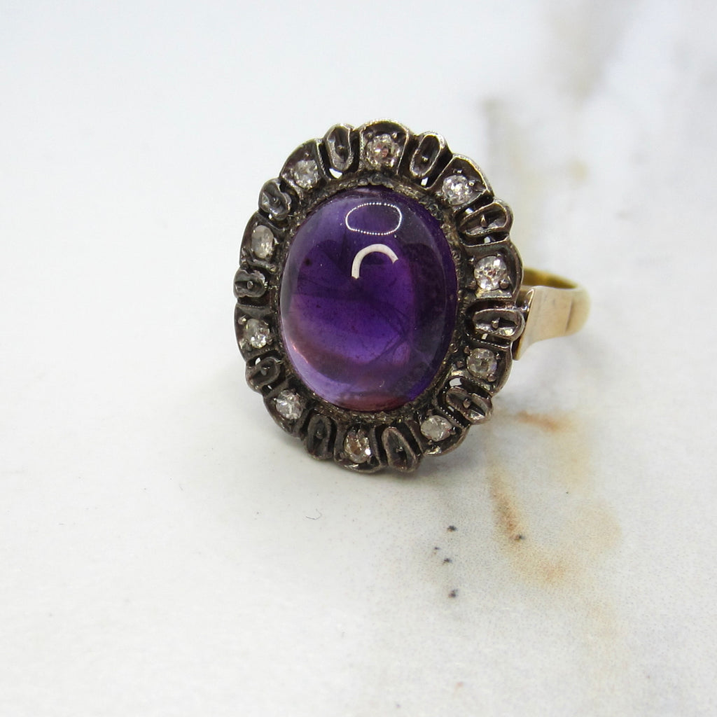 Antique Victorian Ring, 18k Gold and Silver, Amethyst Cabochon, Diamond Halo