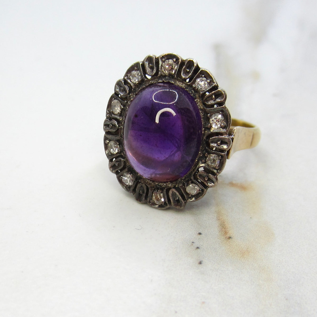 Antique Victorian Ring, 18k Gold and Silver, Amethyst Cabochon, Diamond Halo