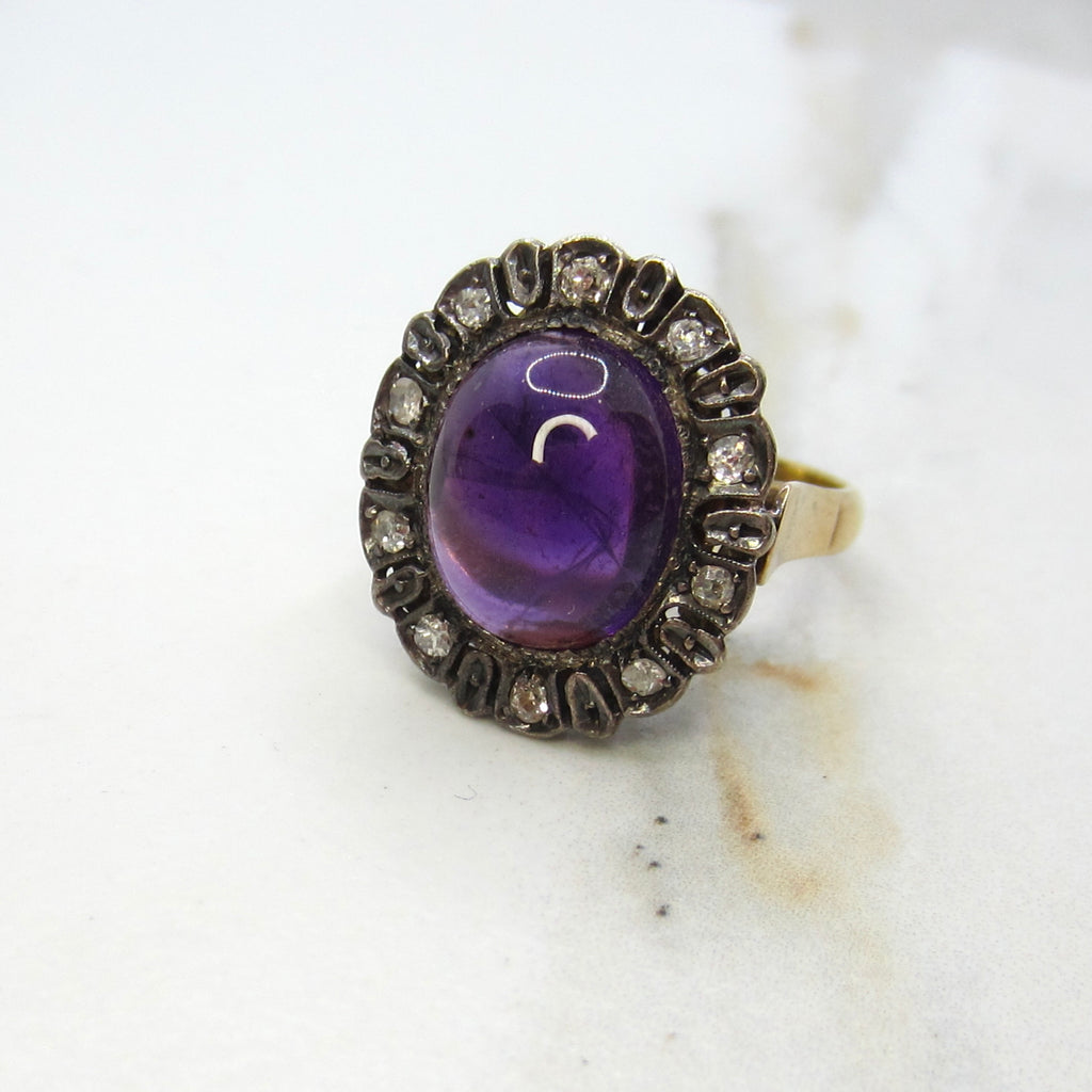 Antique Victorian Ring, 18k Gold and Silver, Amethyst Cabochon, Diamond Halo