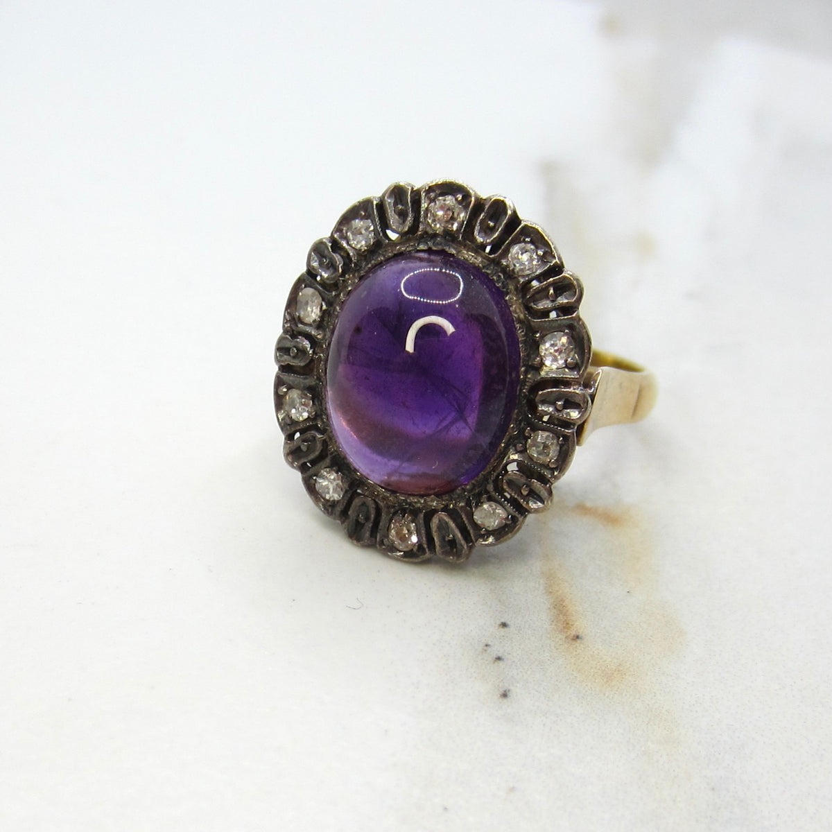 Antique Victorian Ring, 18k Gold and Silver, Amethyst Cabochon, Diamond Halo