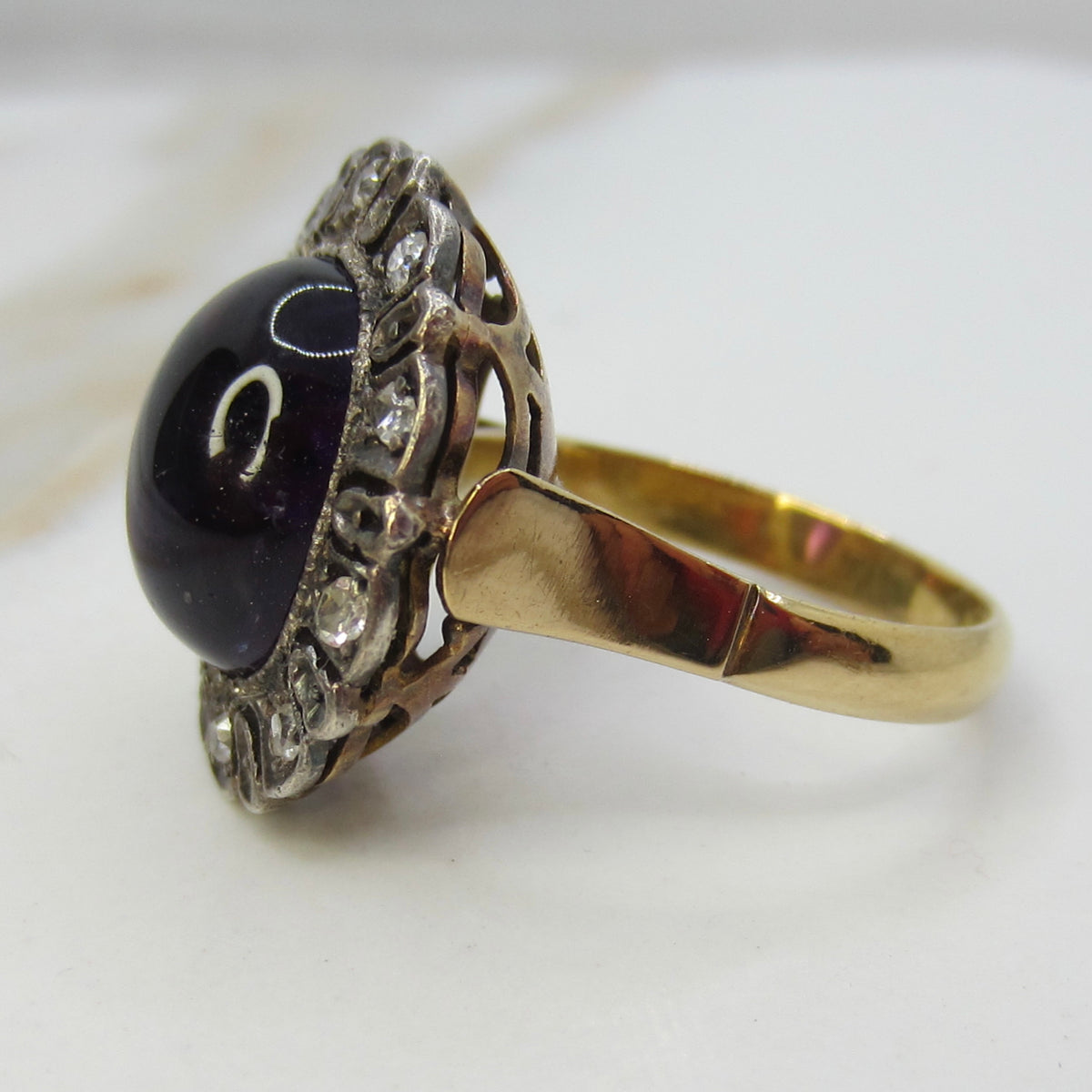 Antique Victorian Ring, 18k Gold and Silver, Amethyst Cabochon, Diamond Halo
