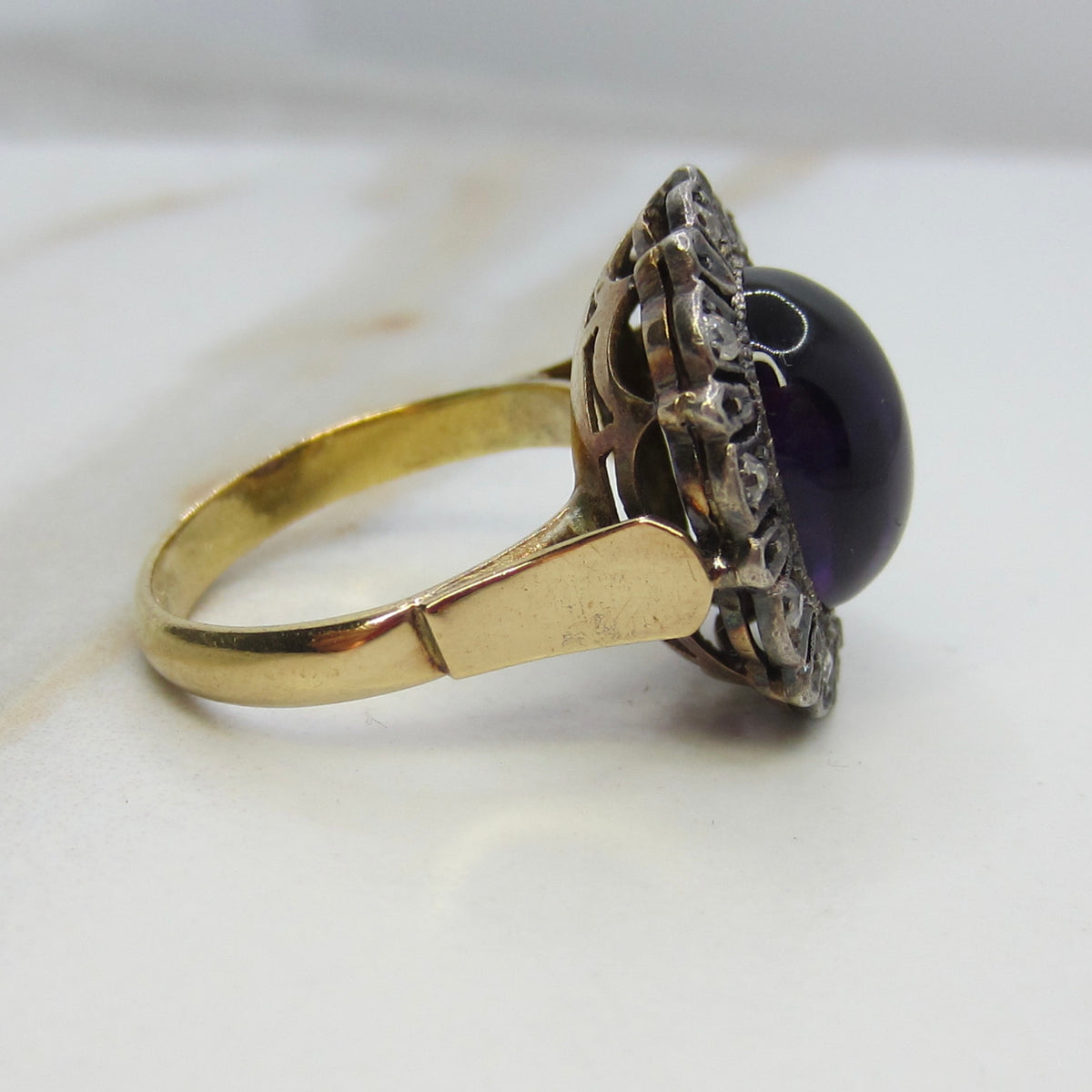 Antique Victorian Ring, 18k Gold and Silver, Amethyst Cabochon, Diamond Halo