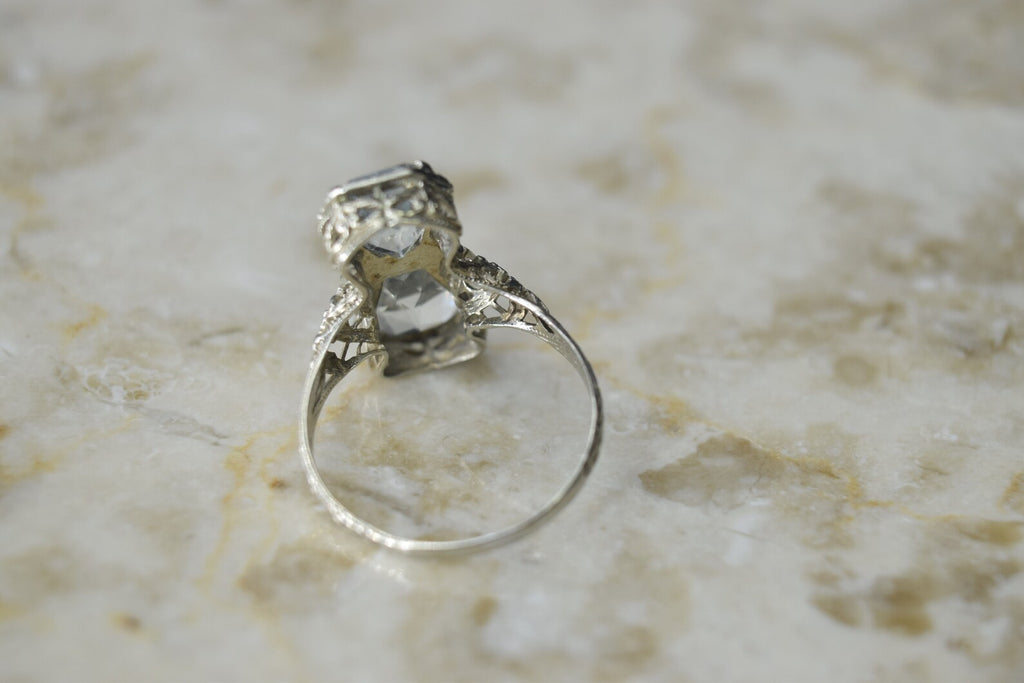 Antique Art Deco 14k White Gold Bow Tie Aquamarine and Diamond Ring