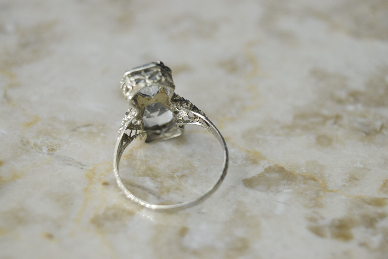 Antique Art Deco 14k White Gold Bow Tie Aquamarine and Diamond Ring