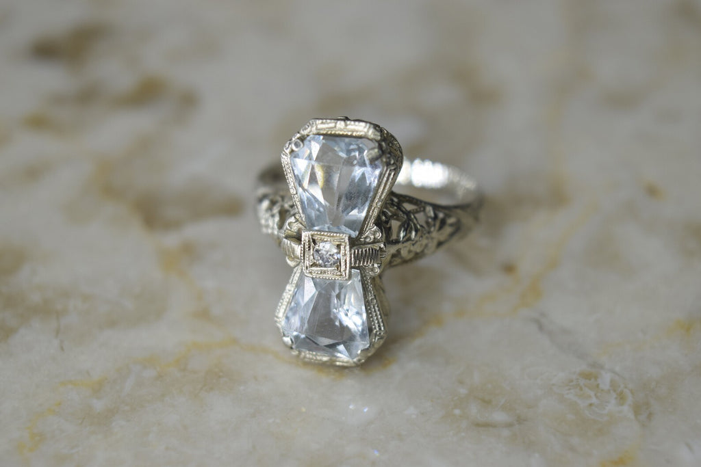 Antique Art Deco 14k White Gold Bow Tie Aquamarine and Diamond Ring