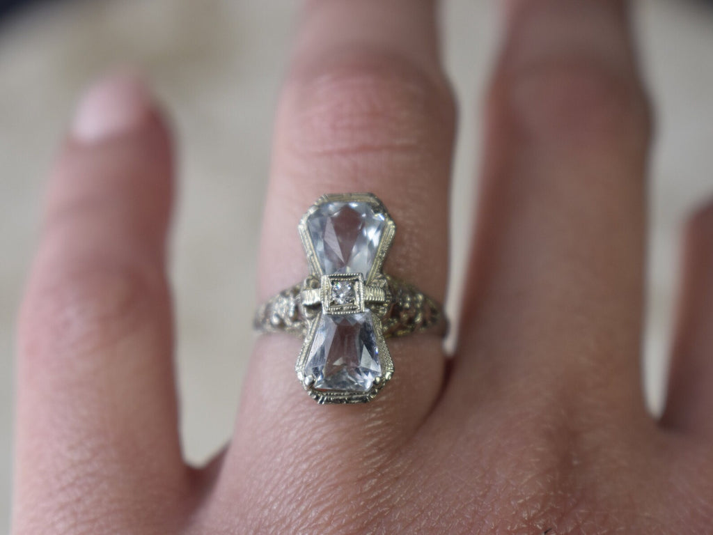 Antique Art Deco 14k White Gold Bow Tie Aquamarine and Diamond Ring