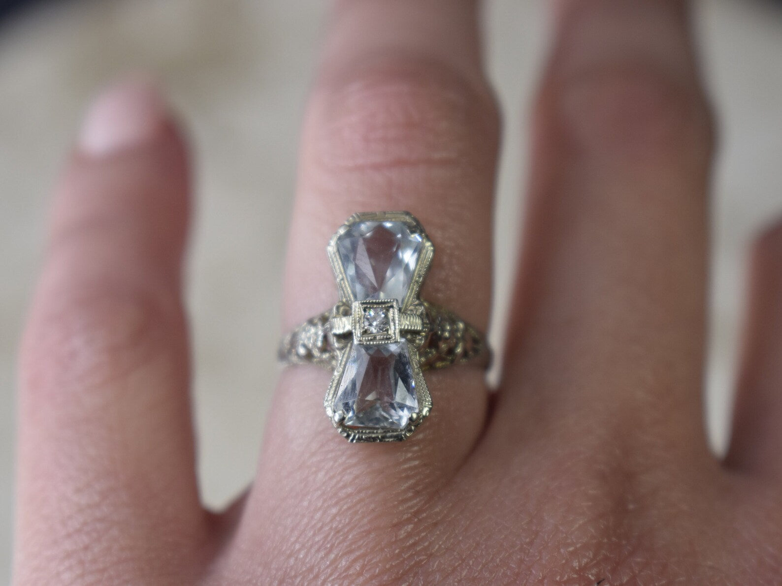 Antique Art Deco 14k White Gold Bow Tie Aquamarine and Diamond Ring