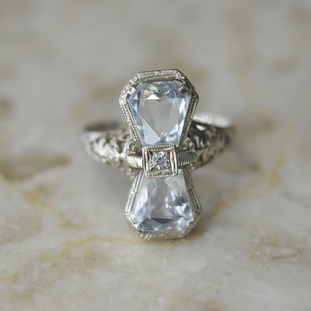 Antique Art Deco 14k White Gold Bow Tie Aquamarine and Diamond Ring