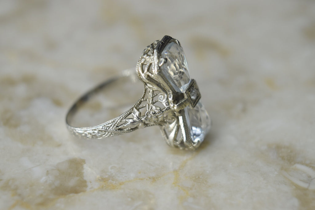 Antique Art Deco 14k White Gold Bow Tie Aquamarine and Diamond Ring