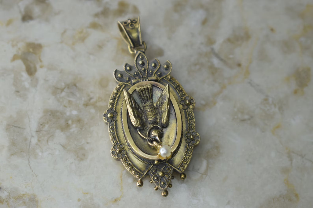 Antique Victorian 14k Gold Etruscan Revival Bird Locket