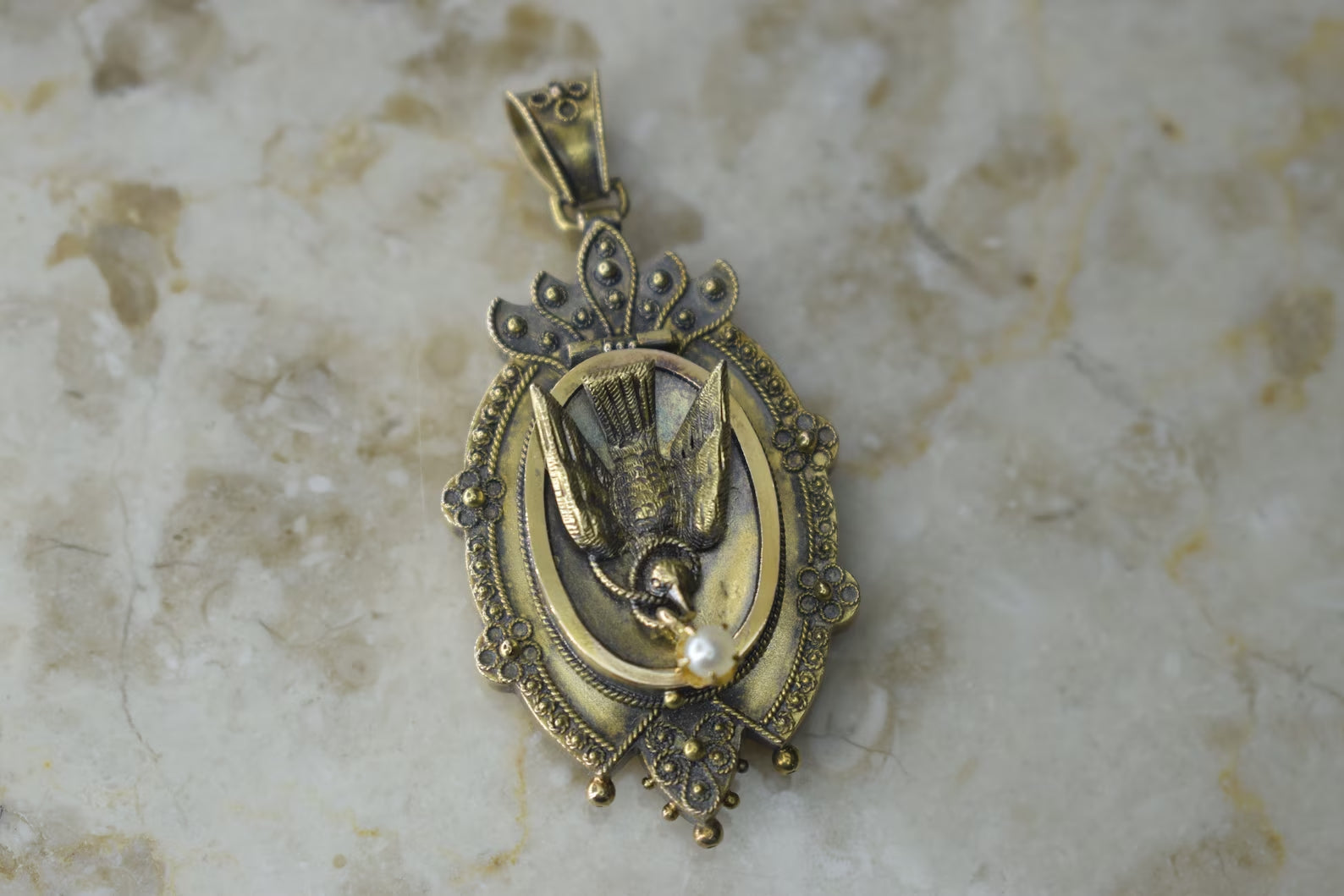 Antique Victorian 14k Gold Etruscan Revival Bird Locket