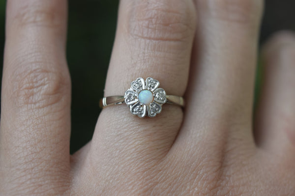 Vintage Flower Ring 18k Gold and Platinum Opal and Diamond Ring English Hallmarks 1965