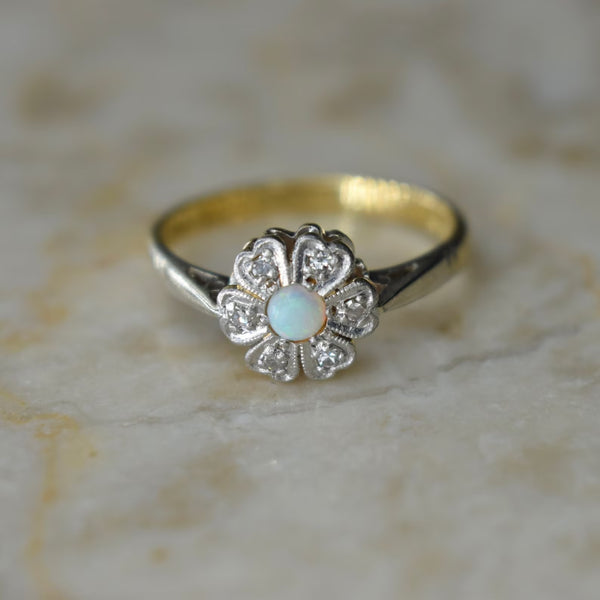 Vintage Flower Ring 18k Gold and Platinum Opal and Diamond Ring English Hallmarks 1965