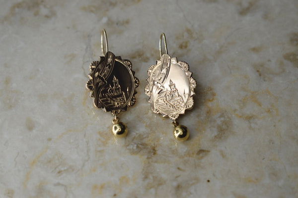 Antique Victorian 14k Gold Scenic Castle Hand Engraved Earrings