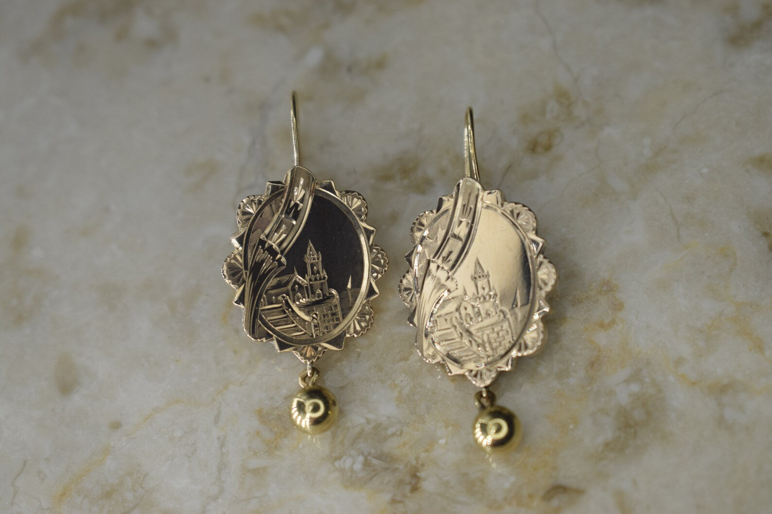 Antique Victorian 14k Gold Scenic Castle Hand Engraved Earrings