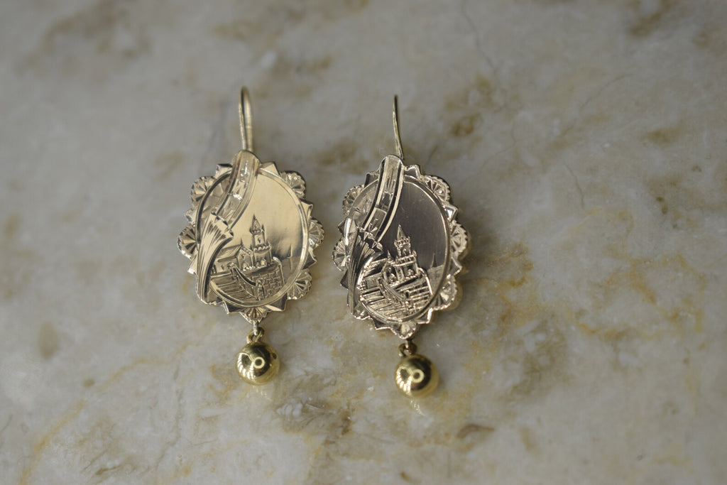 Antique Victorian 14k Gold Scenic Castle Hand Engraved Earrings